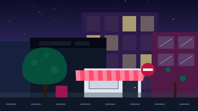 Colorful isometric city street scene at night with buildings and trees.