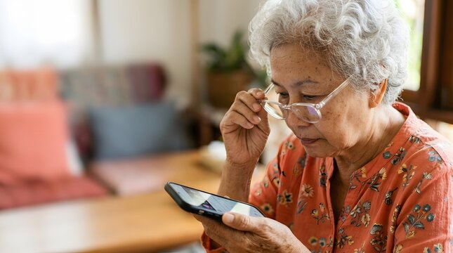 Elderly person using a mobile smartphone uniquely rendered