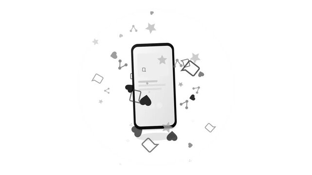 Smartphone with social media icons and scattered geometric shapes.