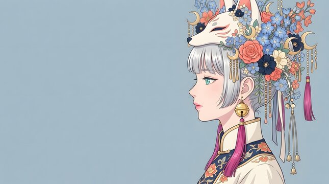 Traditional Asian female portrait illustration charmingly framed