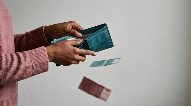 Person holding a wallet with paper money flying away elegantly presented