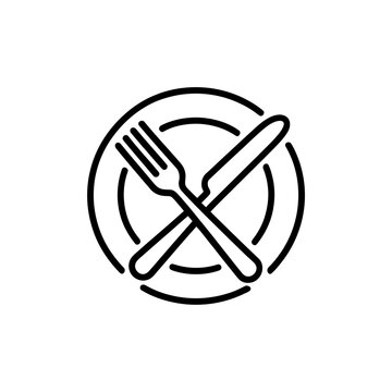 Black outline icon of crossed fork and knife resting on a round dinner plate for restaurant menu