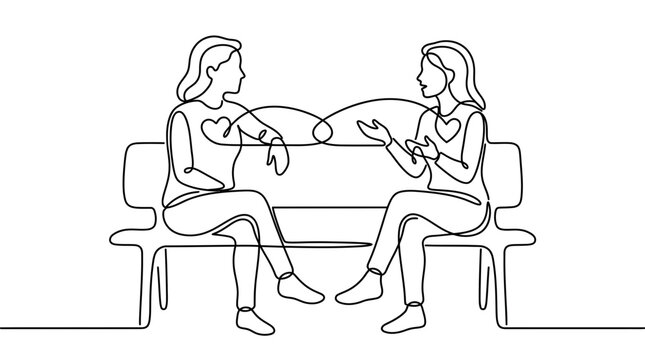 Two women talking on a bench, continuous line art