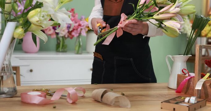 Florist trimming stems of lilies at wooden table in shop, closeup. Camera moving in