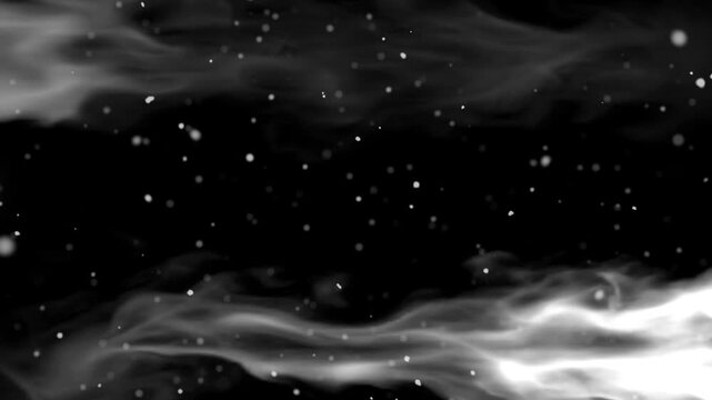 White smoke clouds and glowing dust particles drift against a dark background.