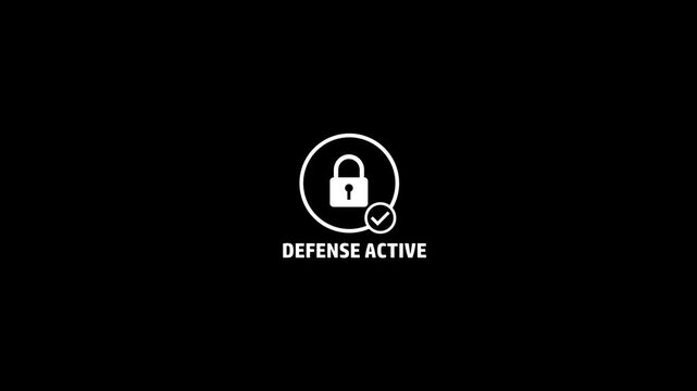 Cybersecurity motion featuring a minimalist white lock with a checkmark and the text defense active on a clean black background, for digital security, and data protection concepts