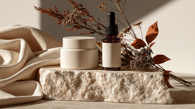 Generic skincare brand creates autumn campaign with simple moisturizer jar and serum bottle on pale stone Generative AI