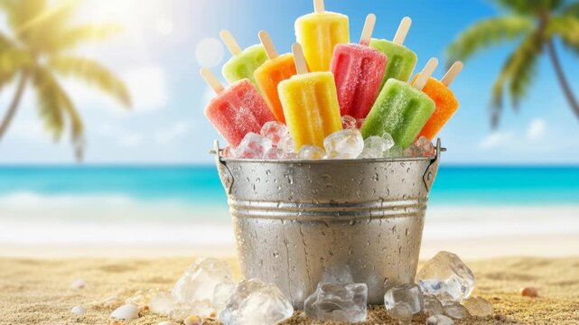 A metal bucket filled with colorful fruit popsicles and ice sitting on a sunny tropical beach.