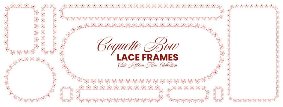 Red bow lace border frame set featuring delicate ribbon garland trim, coquette decorative oval circle rectangle edges isolated on white background vector illustration for invitations cards stationery