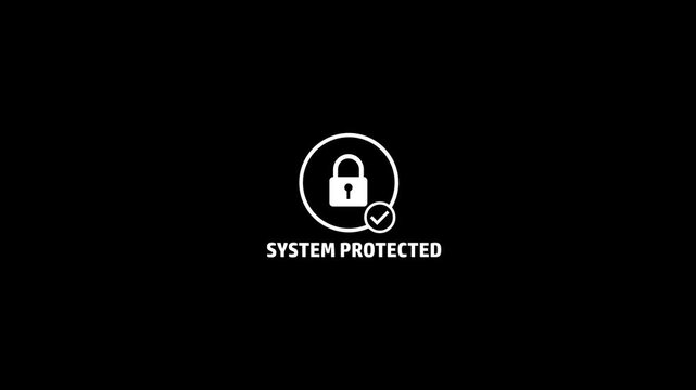 Minimalist system protected digital security animation featuring a white padlock symbol with a checkmark on a solid black background, for cybersecurity, data, privacy, and network, protection concepts