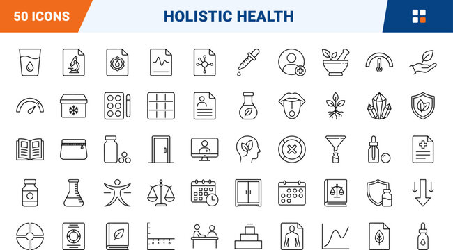 Homeopathy consultation line icon set. Vector pictograms of holistic, remedy, botanical, and herbal elements, thin linear illustration.