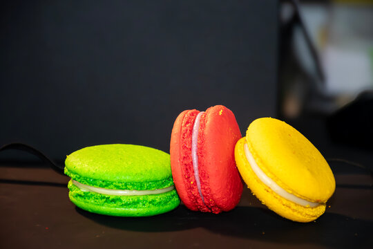 Three Colorful Macarons Close Up