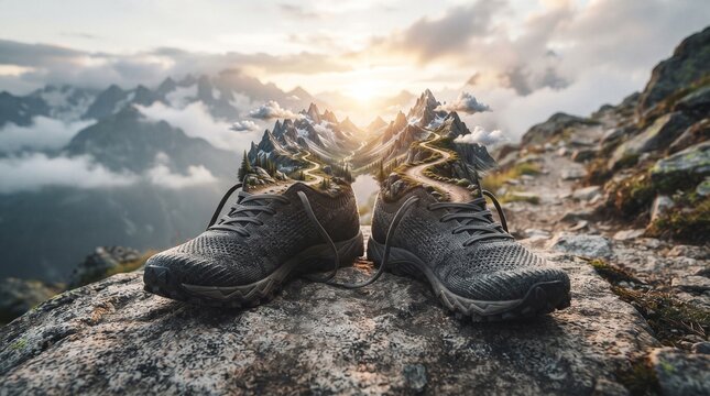 Creative Global Running Day concept with miniature mountains and a running trail emerging from athletic shoes, symbolizing endurance, challenges, ambition and achieving fitness goals.