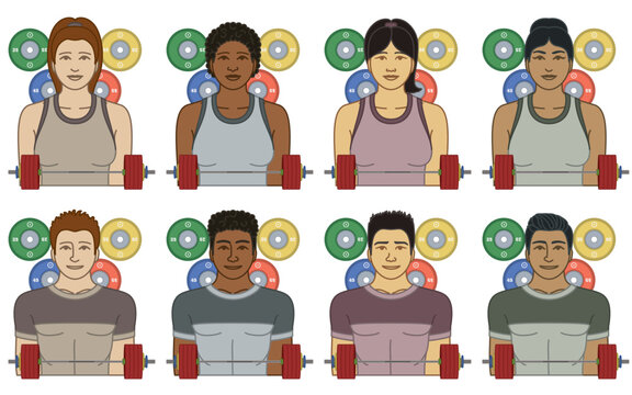 diversity, race, ethnicity of weightlifter vector icons, male and female, including barbell and weight plates, isolated on a white background