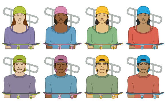 diversity, race, ethnicity of skateboarder vector icons, male and female, wearing hat, including skateboard and ramp, isolated on a white background