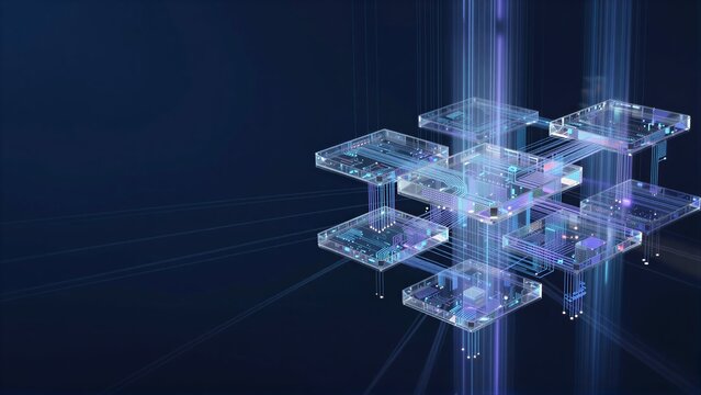 Floating circuit boards glow with data streams against a deep blue digital backdrop.