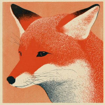 A risograph print showcases a fox in two-tone riso, featuring misregistration details over a russet background.