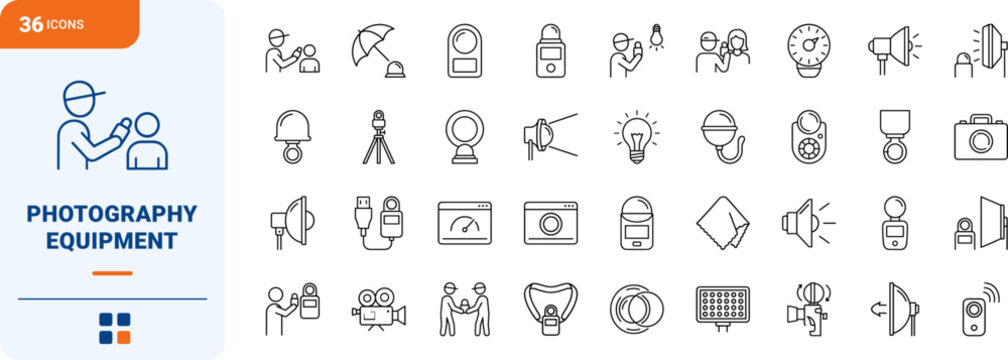 Photography line icon set. Vector pictograms of exposure, lighting, equipment, and cinematography elements, thin linear illustration.