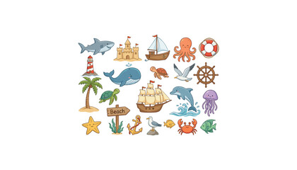 Fototapeta premium Cute ocean sea life and nautical vector elements set with whale dolphin shark ships and marine animals