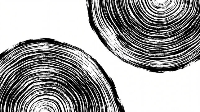 A high-contrast artistic background featuring two organic circular patterns created with thick black paint brush strokes on a clean white background.