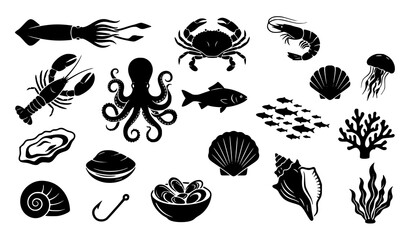 Seafood and Marine Life Silhouette Icon Set Featuring Fish, Octopus, Crab, Lobster, Shrimp, Squid, Shells, and Coral Reef Elements for Restaurant Menus and Ocean Graphic Designs © MDSOBUJ