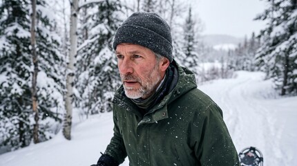 Fototapeta premium Mature man with grey beard wearing a beanie and green jacket walking in a snowy forest during winter