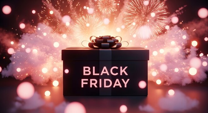 Black friday gift box with fireworks and bokeh lights
