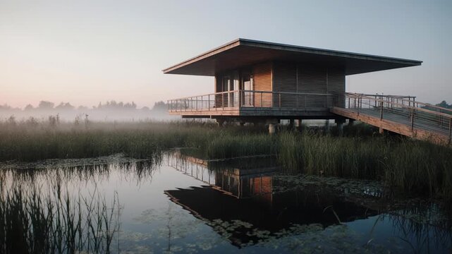 Tranquil lakeside hut on stilts at dawn.