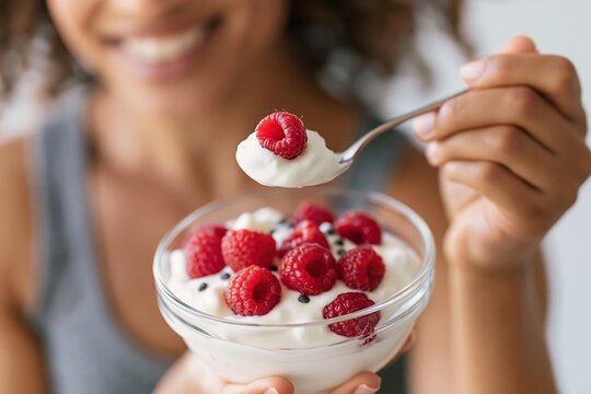 Woman eating healthy breakfast with fresh raspberries and yogurt as a snack food