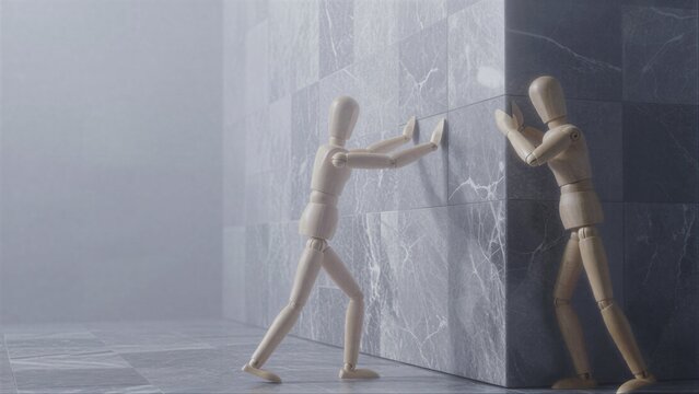 Wooden figure pushes against a cold, imposing wall in stark minimalist setting.