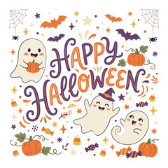 Fototapeta premium Cute flat vector illustration of playful ghosts, orange pumpkins, bats, and candy corn surrounding 