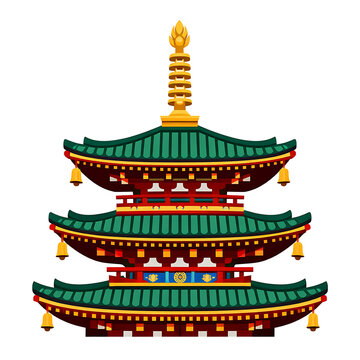 A colorful flat vector illustration of a traditional Japanese pagoda temple building.