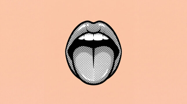 A graphic illustration of an open mouth with a tongue sticking out, featuring a vintage pop art comic book halftone dot pattern on a soft peach background.