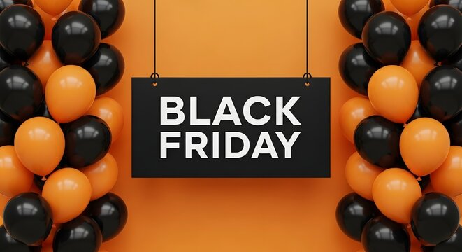 Black friday sale banner with black and orange balloons