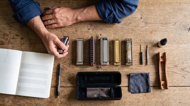 Musician preparing to play harmonica with collection of instruments and accessories laid out on wooden table