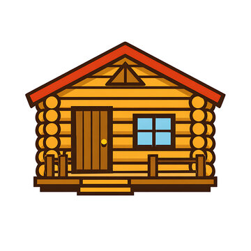 A flat vector illustration depicts a rustic log cabin with a red roof against a white.