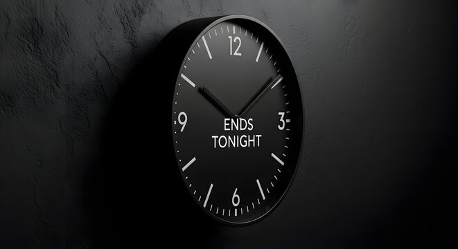 Black wall clock with text ends tonight