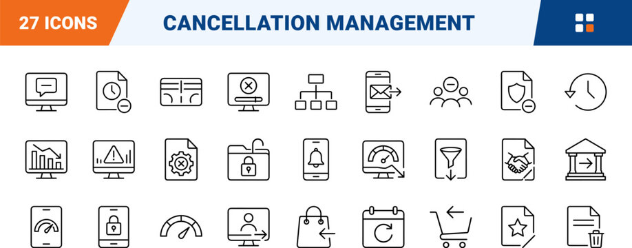 Cancellation Management line icon set. Vector pictograms of subscription, refund, termination, and reversal elements, thin linear illustration.