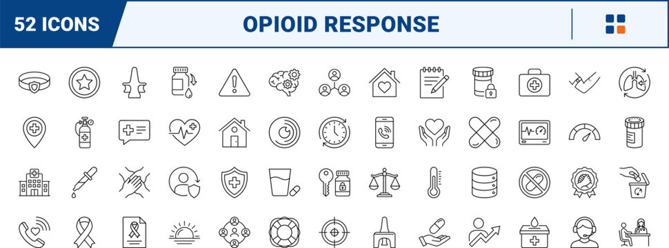 Opioid crisis response line icon set. Vector pictograms of overdose, naloxone, addiction, and recovery elements, thin linear illustration.