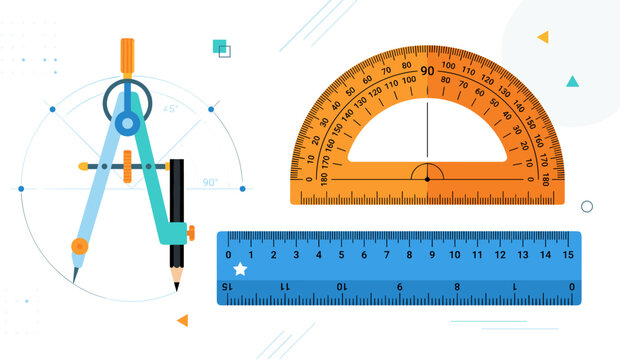 Set of professional drafting and geometry tools for school and engineering work.