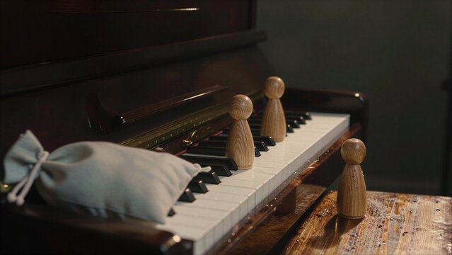 Wooden figures stand on piano keys, beside a soft pouch and polished instrument.