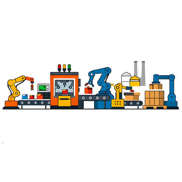 A flat vector illustration shows an automated factory assembly line with robotic arms.