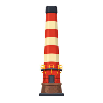 A flat vector illustration of a red and white striped lighthouse on a white background.