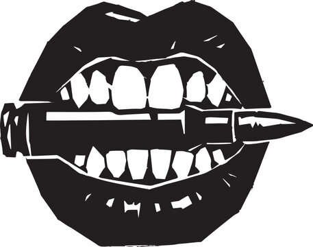 Human mouth biting rifle bullet cartridge black stencil silhouette vector art graphic for badge and tattoo design.