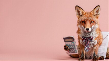 Naklejka premium A fox in a tie holds calculator and charts, symbolizing financial savvy.