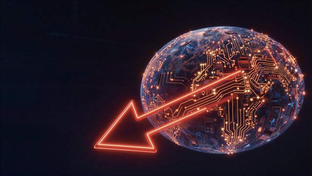 Global tech network with glowing circuit globe and neon arrow symbolizing digital advancement.
