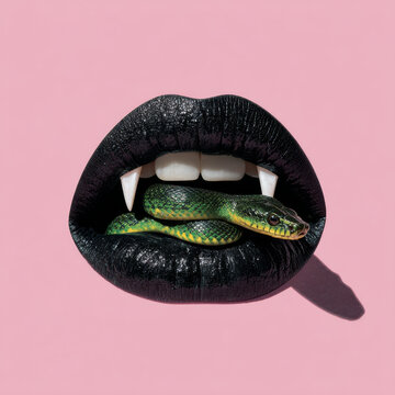 Close up eye level centered shot captures pair of wide black lips with vampire fangs holding green snake on pink background