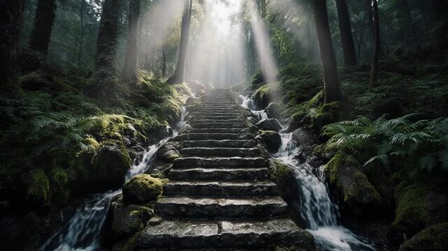 Mist Shrouded Forest Staircase Bathed in Sunlight.