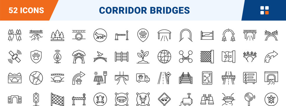 Wildlife corridor bridge line icon set. Vector pictograms of green, ecoduct, animal, and crossing elements, thin linear illustration.