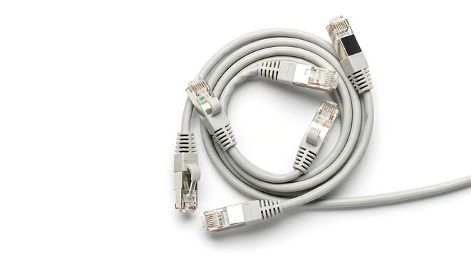 Ethernet cable with RJ45 connectors coiled.